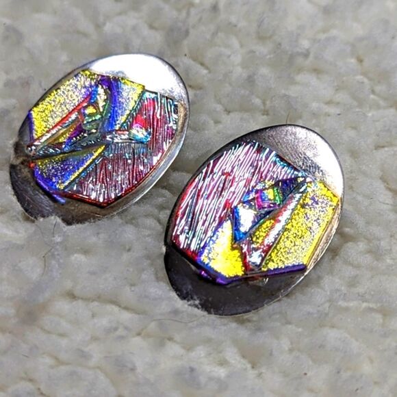 Vintage Sterling Silver and Dichroic Glass Accent Clip Earrings - Picture 3 of 8